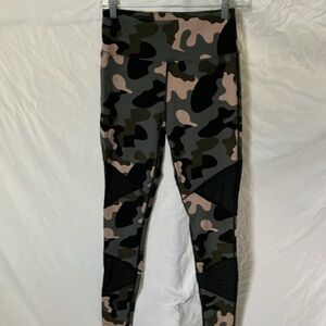 Venus: Gray/Black/Peach Camouflage pattern leggings- sheer cutouts on sides- M